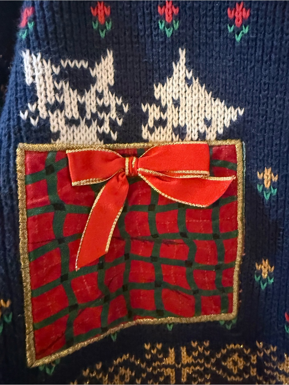 Vintage Sweater Loft Christmas Navy & Red Cat Patchwork Cardigan Sweater - Picture 4 of 10